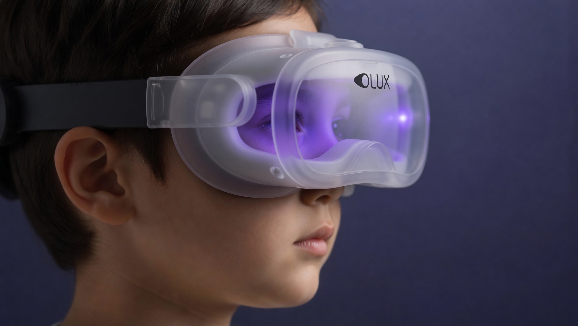 El dispositivo OLUX se vuelve translúcido y revela los iluminadores UV-A excitando la conjuntiva del niño